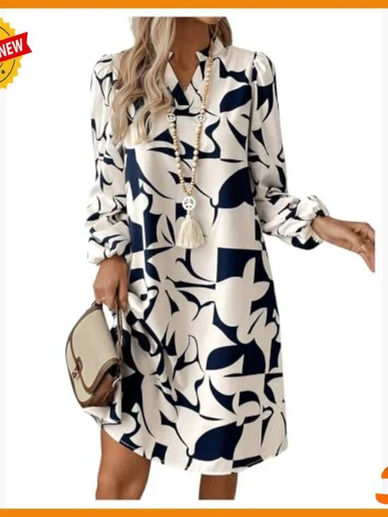 Geometric Print V-Neck Lantern Sleeve Casual Dress Polyester Long Sleeve - Picture 4 of 6